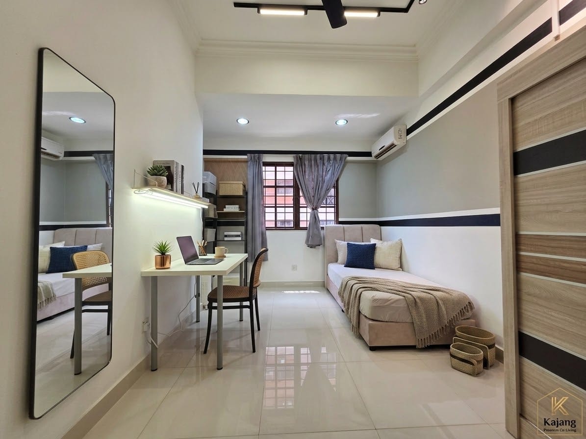 Kajang co-living residence — slatted timber TV wall with black trim