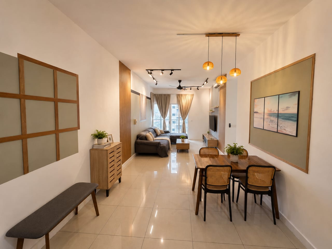 Bangi residence — daylight dining area with rattan pendants