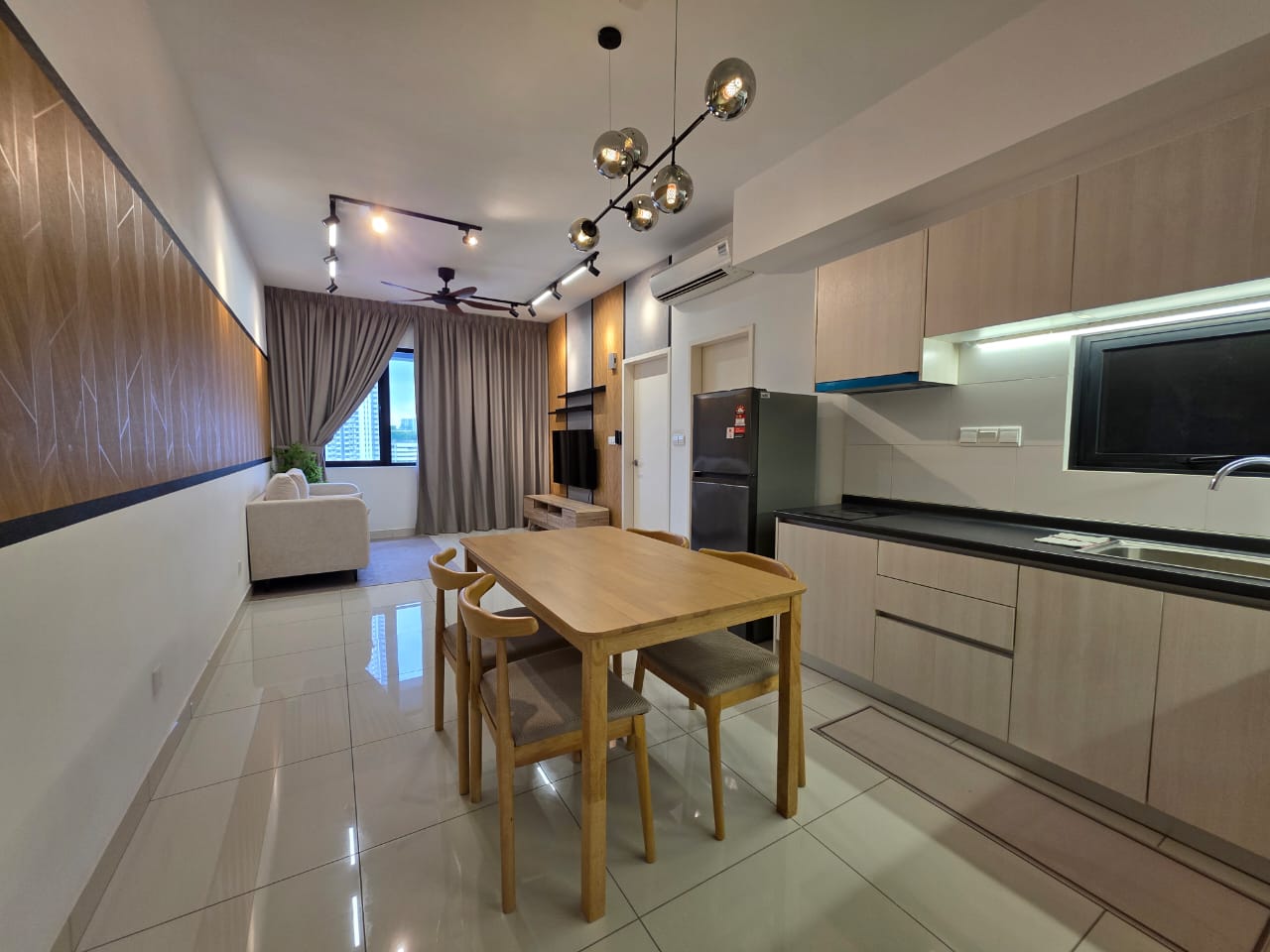 Open dining & kitchen · pendant cluster over solid oak